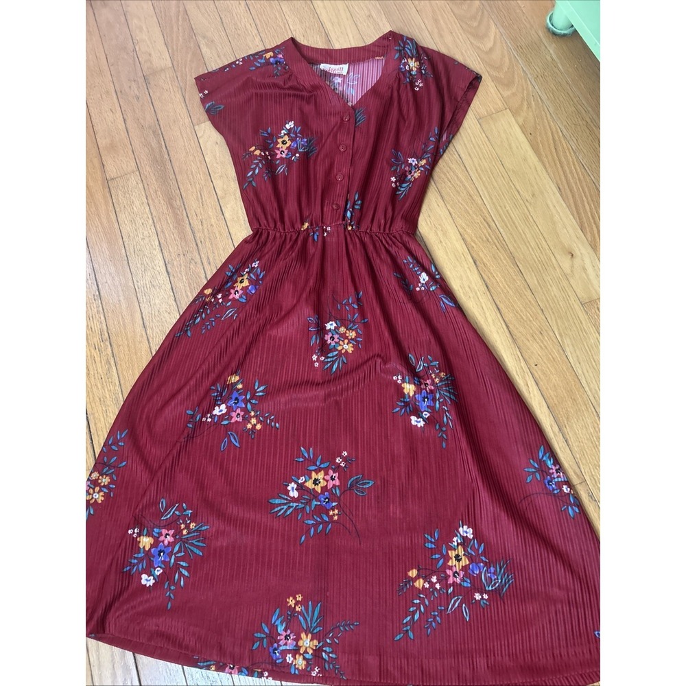 Vintage Sheer Small Petite Polyester Sundress Maroon Floral Retro 1970s